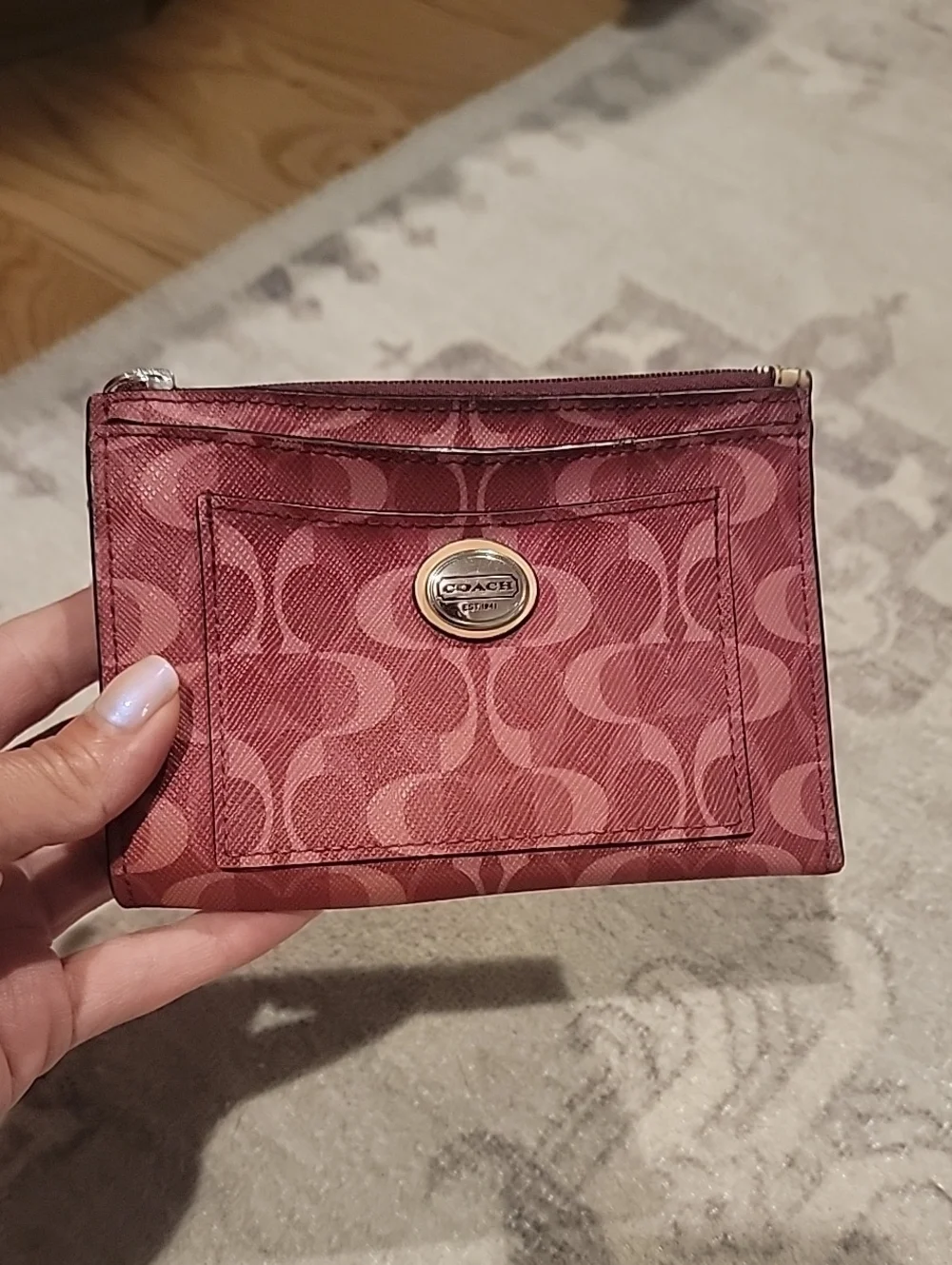 Coach Pink Signature Jacquard Zip Card Case with Key Ring